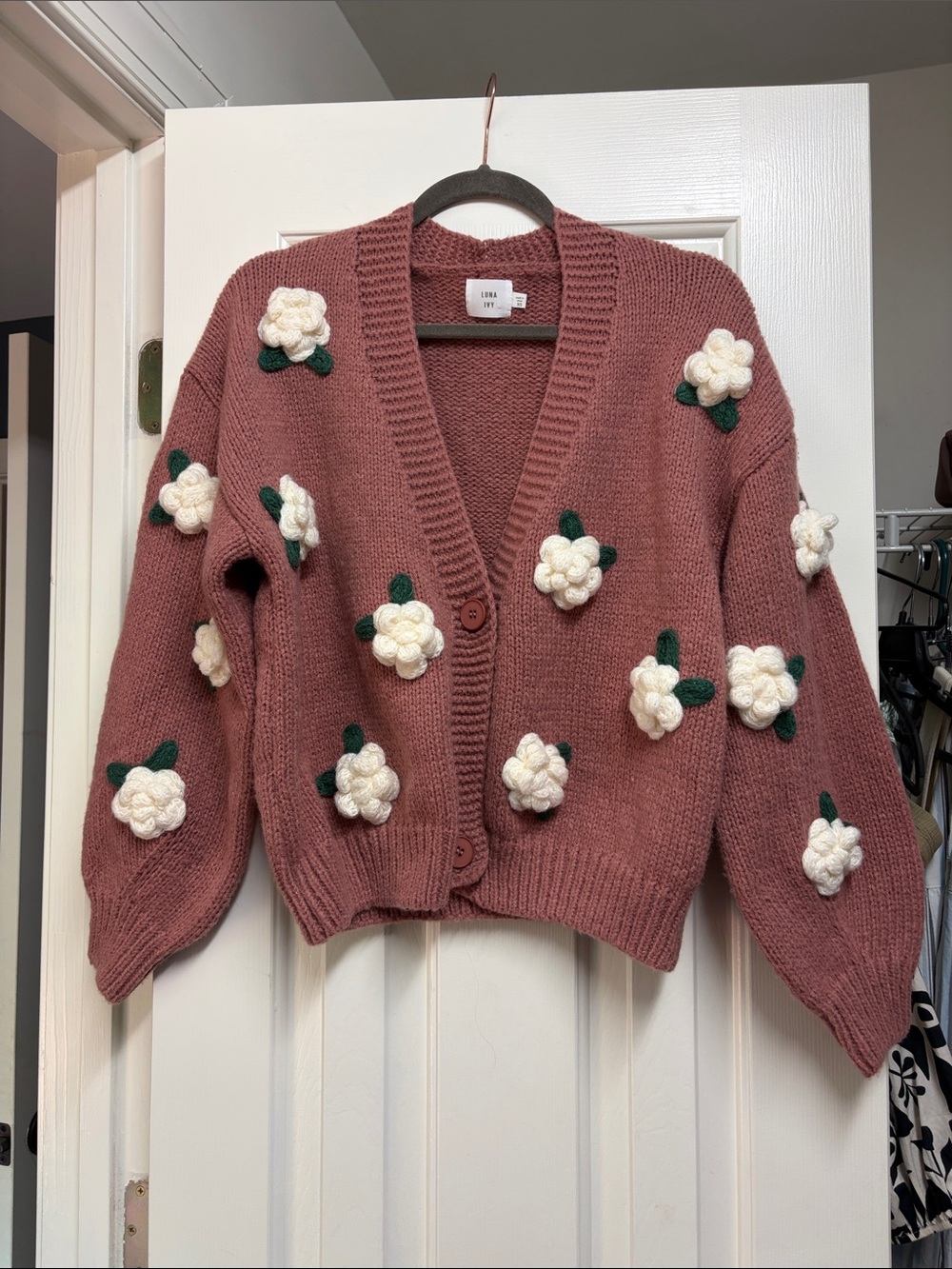 Luna Ivy Rose Dusty Pink Floral Applique Cardigan